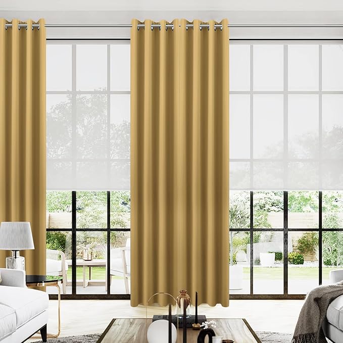 KOUFALL 96 Inches Long Curtains 2 Panel Set,Elegant Blackout Thermal Room Darkening Retro Mid Century Modern Vintage Curtains for Living Room,52x96 in Length,Gold