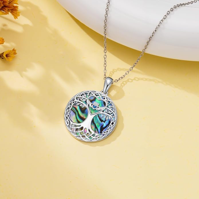 Tree of Life Necklace 925 Sterling Silver Abalone Shell Celtic Knot Tree Pendant Necklace Jewelry Gifts for Women Birthday Christmas
