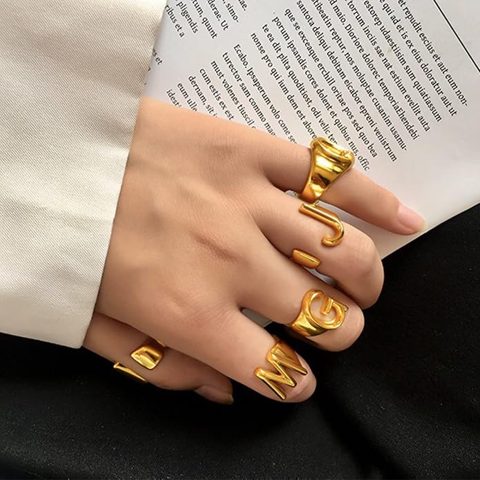 KeyStyle Bold Initial Letter Rings Adjustable, GoldChic Jewelry Women Gold Statement Ring Personalized Engraved Women’s Open Signet Ring for Party (Gold, White Gold, Black)
