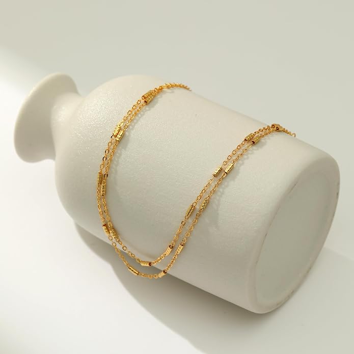 Pencros Dainty Layered Anklet,14K Gold Filled Cute Beads Satellite Chain Heart Boho Adjustable Anklets for Women