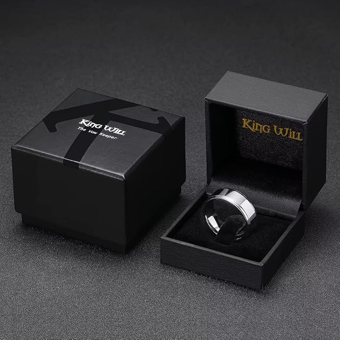 King Will 8mm Black Silver Mens Polished Tungsten Wedding Rings High Polish Surface Wedding Band Blue Silver Step Edge Comfort Fit