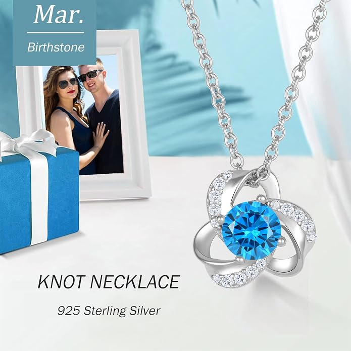 18K Gold Plated Love Knot Necklace for Women, 925 Sterling Silver Round cut Birthstone Pendant Necklace With Chain Lucky Flower Jewelry Gift