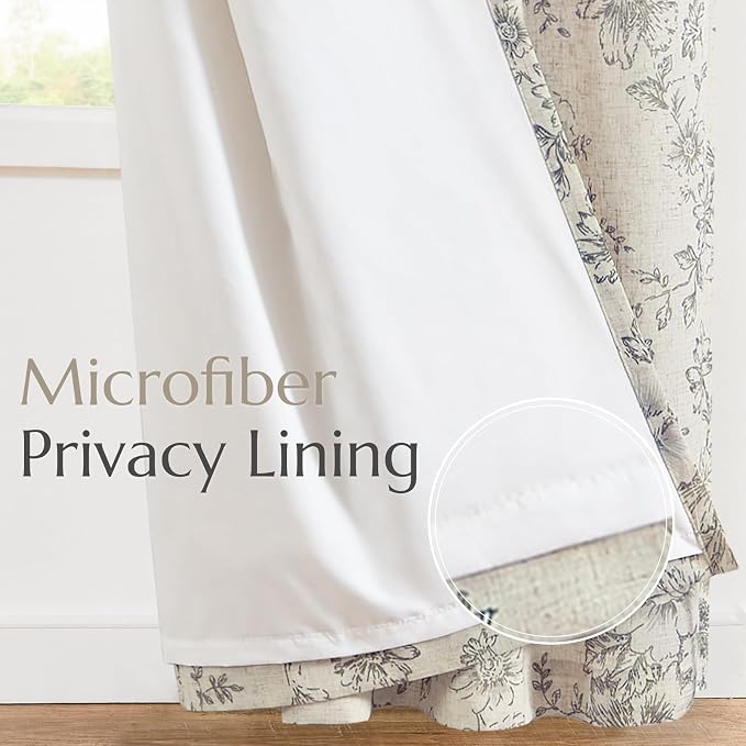 jinchan Gray Floral Linen Curtains Lined 96 Inch Vintage Back Tab 2 Panels | Privacy lining, light filtering drapes, vintage, cottagecore, french country, rustic, bedroom, living room, window treatment
