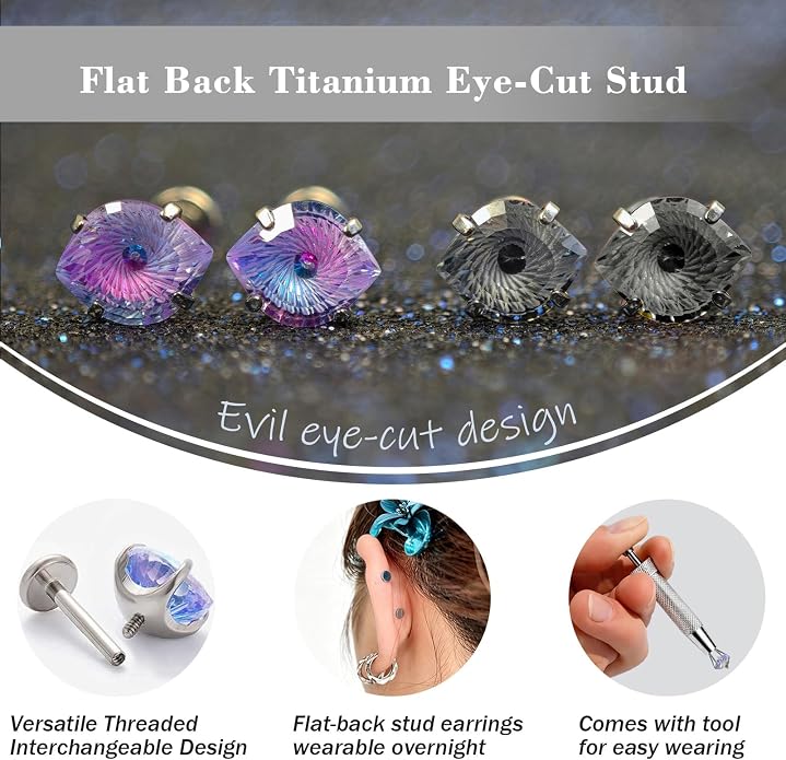 Flat Back Titanium Stud Earrings, Hypoallergenic G23 Titanium Eye Cut Cubic Zirconia Piercing,Eyebrow Versatile Labret Lip Cartilage Helix Sleeper 18G Punk style Jewelry for Women Men