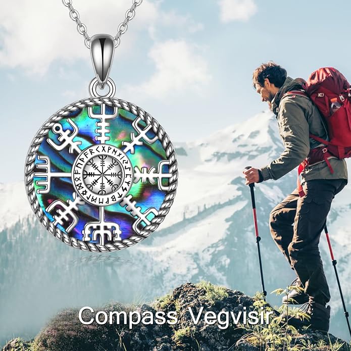 Viking Compass Necklace Sterling Silver Runes Vegvisir Pendant Necklace Mothers Day Jewelry Gift for Women Mom