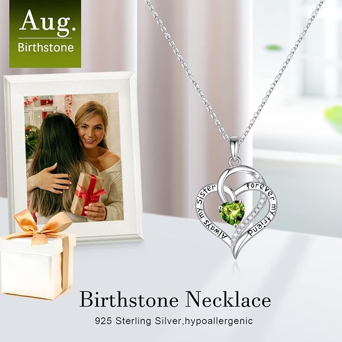 Iefil Gifts for Sister - 925 Sterling Silver Birthstone Necklace Sisters Jewelry