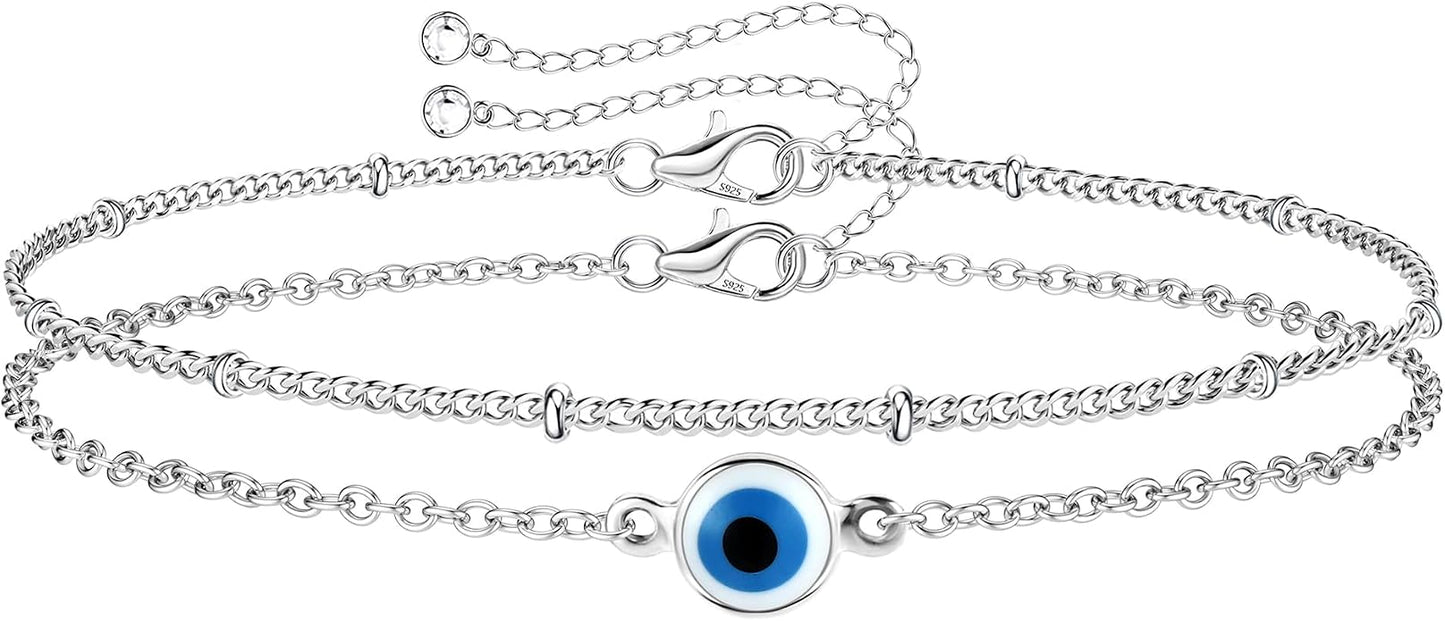 MILACOLATO 925 Sterling Silver Clasp Paperclip Chain Bracelets 14K White Gold Plated Solid Diamond-Cut Paperclip Chain Women Bracelet Adjustable Layered Satellite Beads Bracelets for Women