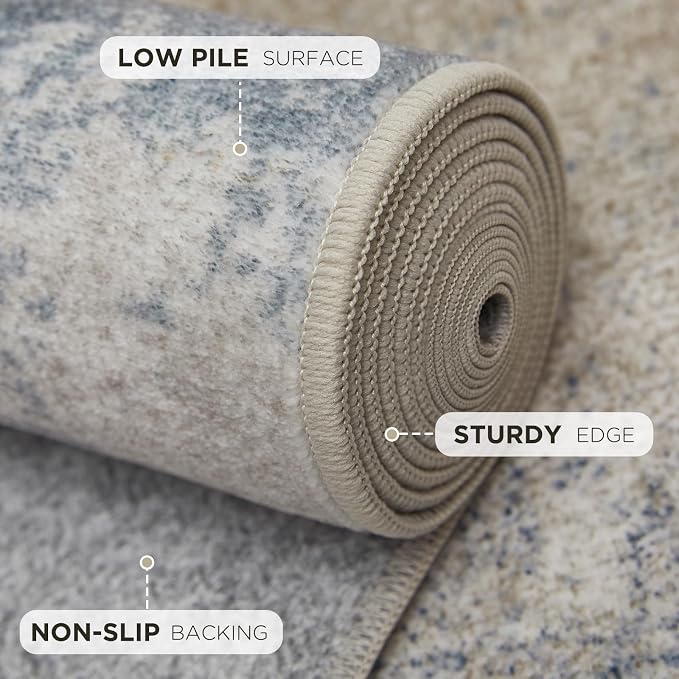 Joydeco 2x6 Washable Runner Rug for Hallway, Modern Abstract Non-Slip Soft Rugs, Low Pile Carpet for Entryway, Bedroom, Kitchen, Laundry, White & Blue & Gold