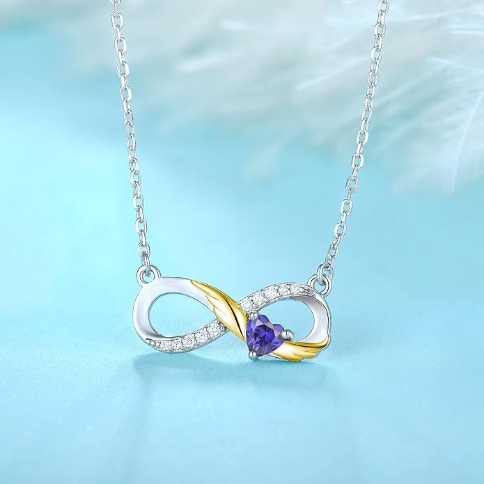 STARCHENIE Infinity Necklace 925 Sterling Silver Angel Wings Heart Birthstone Necklace for Women