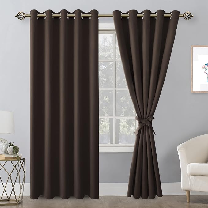 Hiasan Blackout Curtains for Bedroom, 60 x 84 Inches Long - Thermal Insulated & Light Blocking Window Curtains for Living Room, 2 Drape Panels Sewn with Tiebacks, Brown