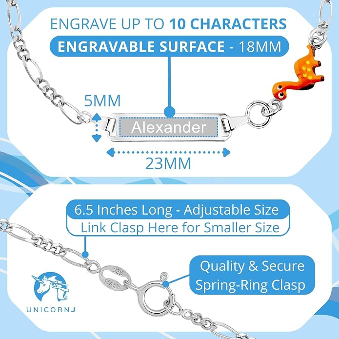 UNICORNJ 925 Italy Sterling Silver Child or Baby Name Bracelet Girls Boys, Personalized Engraved Kids ID Bracelets, 6.5" Figaro Chain, Enamel Charm Newborn Infant Toddler Kid Jewelry