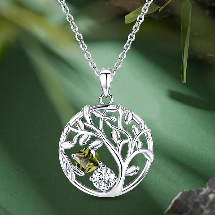 Tree of Life Birthstone Necklace for Women 925 Sterling Silver Birthstone Pendant 12 Months Necklaces with Zircon Birthday Gifts for Women, Mom, Grandma Cable Chain 18"+2"