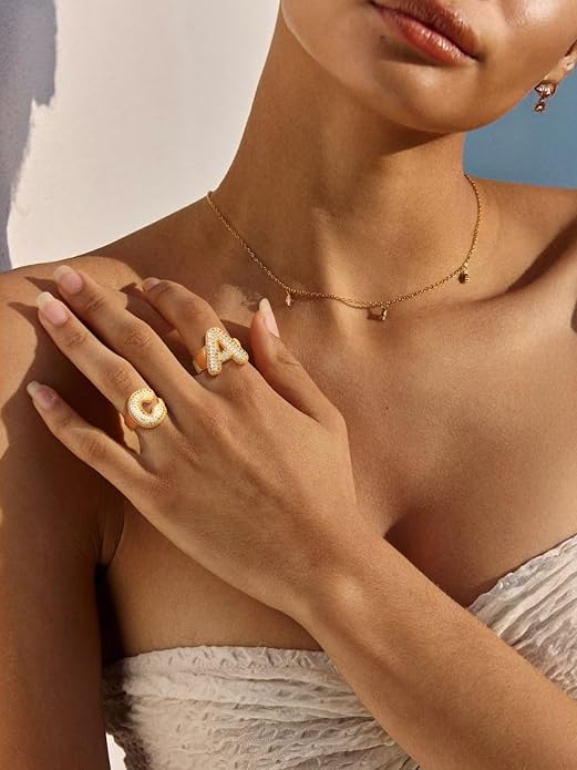 FindChic Initial Ring for Women, Gold Plated Chunky Letter Rings Open Adjustable Trendy Sparkling Cubic Zirconia Personalized Statement Rings Jewelry Gift