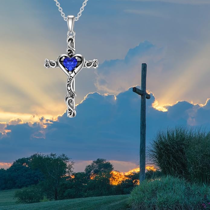 TOUPOP Cross Birthstone Necklace for Women 925 Sterling Silver Heart Cross Pendant I Love You Jewelry Anniversary Birthday Mothers Day Gifts for Mom Wife Her