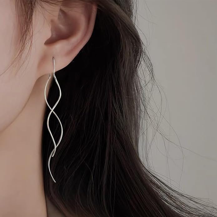 925 Sterling Silver Dainty Hard Wire Threader Dangle Earrings for Women 14k Gold Plated Tassel Threader Pull Through Long Half Hoop Earring Wedding Bridal Birthday Jewelry Gifts