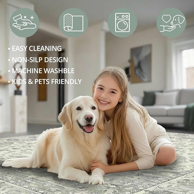 Green 5x7 Washable Area Rug, Non-Slip Soft Ultra-Thin Polyester Carpet with Vintage Stain Resistant Indoor Rug for Living Room, Bedroom, Dining Room, Nursery Oeko-TEX - Green