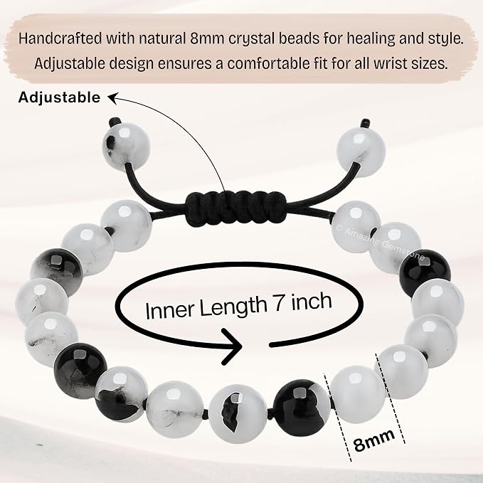Amazing Gemstone Black Rutilated Quartz Bracelet for Women Men's Gifts - Protection Healing Crystal Bracelet - 8mm Gemstone Beaded Adjustable Bracelet Pulseras para Hombres Mujer Stocking Stuffers