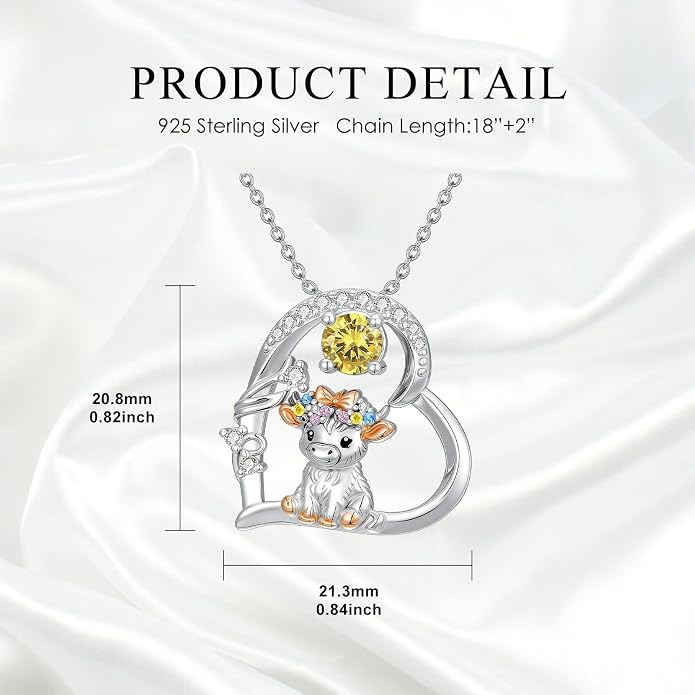 Highland Cow Gifts for Women 925 Sterling Silver Highland Cow Birthstone Necklace Fluffy Cow Jewelry Gifts Birthday Christmas