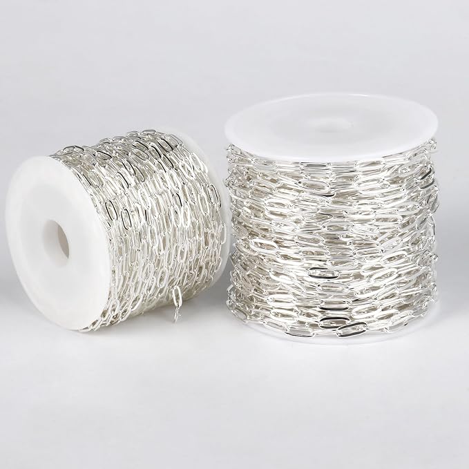 [33 Ft] Stainless Steel Paperclip Chains Roll, 2.5mm Width Silver Plated Stainless Steel Oval Link Chains Spool Bulk for Jewelry Making