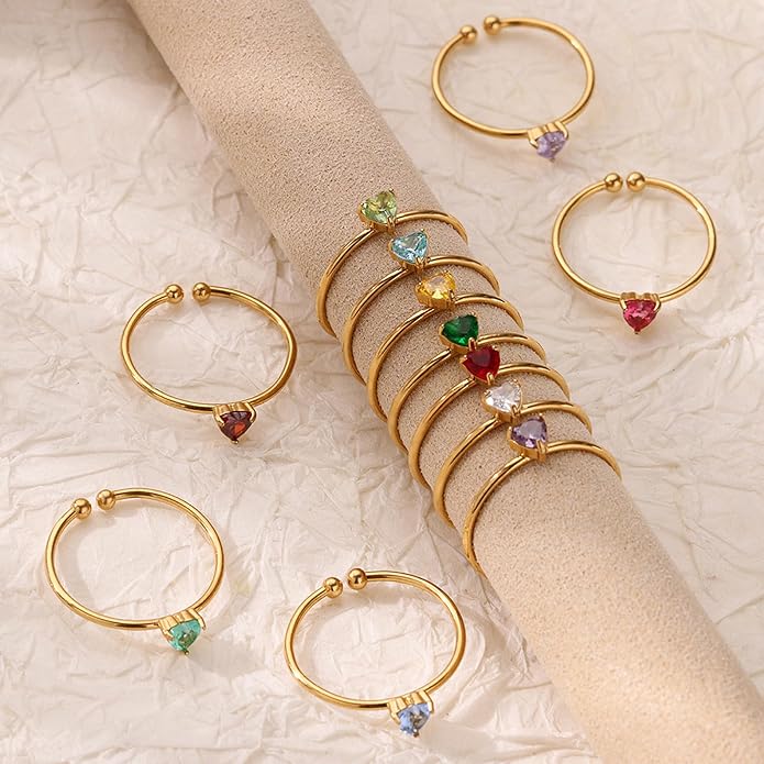 Lit Wall Birthstone Rings for Women Dainty 14k Gold Plated Non Tarnish Gold Heart Rings Adjustable Size Stackable CZ Ring Gold Simulated Gemstone Rings Birthday Gifts for Women
