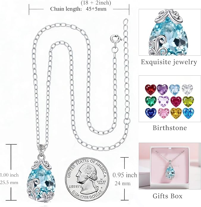 POPLYKE Sterling Silver Gemstone Teardrop Pendant Necklace Crystal Jewelry for Women