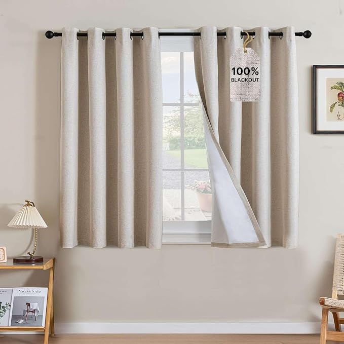 H.VERSAILTEX Linen Curtains 100% Blackout Curtains for Bedroom 45 inch Long Full Light Blocking Nature Linen Blended Window Curtains for Living Room Nickel Grommet (2 Panels, Heathered Natural)