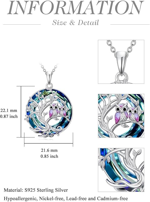 TOUPOP Sterling Silver Tree of Life Hummingbird/Dragonfly/Owl/Panda Necklace Crystal Bird Jewelry Birthday Christmas Valentines Day Gifts for Her Girlfriend Mom