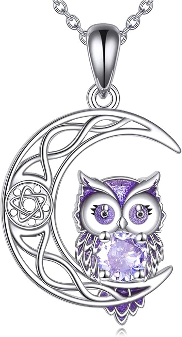 Owl Birthstone Necklace Sterling Silver Celtic Moon Pendant Cubic Zirconia Owls Jewelry Birthday Gifts for Women Men