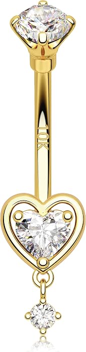 Melighting 14K Solid Gold Belly Button Ring Heart Belly Ring Gold Dangle Belly Piercing Jewelry 14G Navel Ring for Women