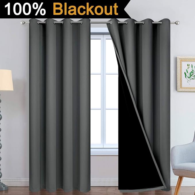 Yakamok Dark Grey Full Shade Curtain Panels, Heavy Duty Lined Curtains 84 Inches Long, Thermal Insulated Room Darkening Curtains with Black Liner for Bedroom(52" Width Each Panel, Dark Gray, 2 Panels) | Blackout Curtain Panels for Bedroom, 2 Thick Laye...
