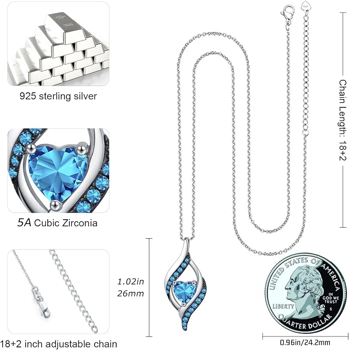 KiiKii Birthday Gifts for Women Birthstone Necklace Platinum Plated 925 Sterling Silver Forever Love Heart Pendant Meaningful Jewelry Gifts for Wife Mom
