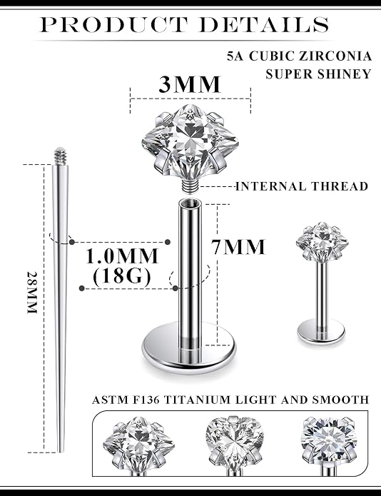 20G 18G 16G Astm F136 Titanium Internal Thread Flat Back Earrings Nose Studs Tragus Helix Conch Cartilage Lobe Earrings Medusa Labret Snake Bite Monroe Lip Ring Piercing Jewelry For Women Men