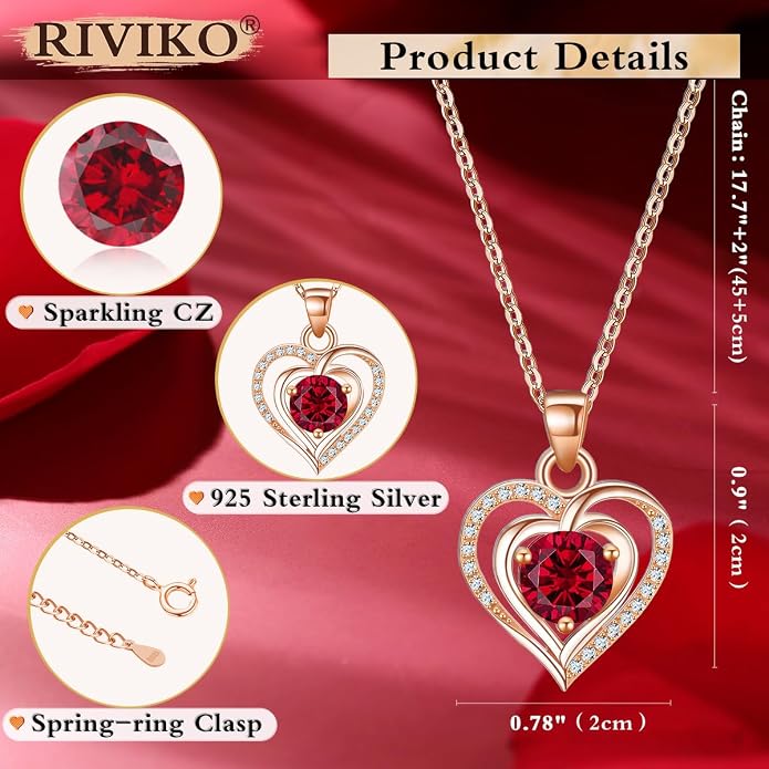 RIVIKO Heart Birthstone Pendant Necklace for Women 925 Sterling Silver Zirconia Necklaces Valentine's Day Anniversary Birthday Mothers Day Jewelry Gifts For Her Mother Wife