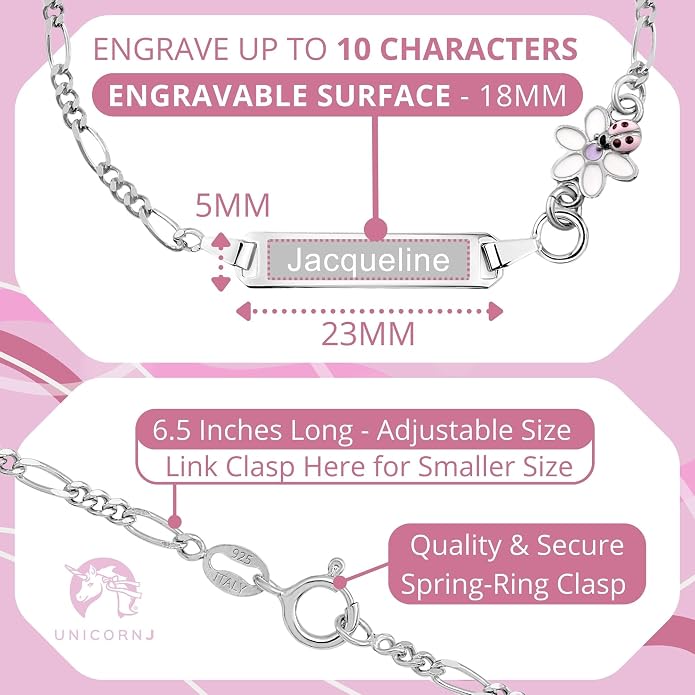 UNICORNJ 925 Italy Sterling Silver Child or Baby Name Bracelet Girls Boys, Personalized Engraved Kids ID Bracelets, 6.5" Figaro Chain, Enamel Charm Newborn Infant Toddler Kid Jewelry