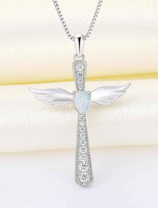 YL Cross Necklace 925 Sterling Silver Angel Wings Pendant Teardrop Birthstone Criss Jewelry for Women