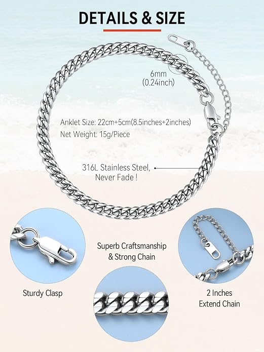 FaithHeart Waterproof Ankle Bracelets for Women, 1/2/3Pcs Non Tarnish Stainless Steel Layered Anklet Set Paperclip Figaro Cuban Link Chain Dainty Summer Beach Jewelry Gift Adjustable Size