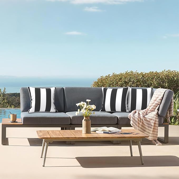 LVTXIII Outdoor Throw Pillows 18x18 Patio Waterproof Square Pillows with Piping Fade Resistant Accent Pillow for Spring Summer Garden Decoration, Set of 2, Cabana Black