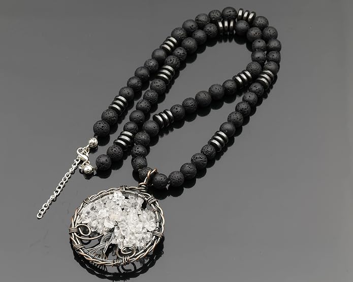 ElisaJewelryArt - Natural Labradorite Big Tree Of Life Black Lava Stone Beaded Necklace Genuine Gemstone Energy Stone Clasp Closure Necklace Unisex Necklace