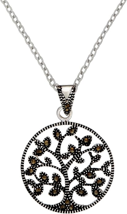 Silverly Sterling Silver Marcasite Round Tree of Life Necklace – Sparkling Sterling Silver Openwork Tree Disc Pendant - Witchy Gothic Design - Celtic Jewelry for Women - Wiccan Gift