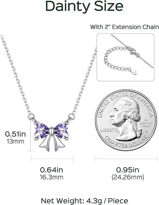 ChicSilver Bow and Cat Birthstone Necklace, 925 Sterling Silver Pendant Necklaces for Women, Hypoallergenic Silver Choker with 16 inch Rolo Chain, 12 Months Jewelry for Valentines Mothers Day Christmas