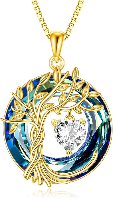 POPLYKE Mothers Day Gifts for Mom Her Wife Tree of Life Necklace 925 Sterling Silver Birthstone Pendant with Crystal Anniversary Birthday Wedding Jewelry for Women