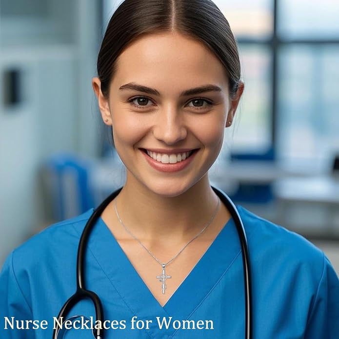 HPQQ Gifts for Nurse Sterling Silver Stethoscope Cross Necklace Nurses Birthstone Jewelry Nursing Themed Medicine Nurses Week Graduation Gifts Doctor Medical Student RN