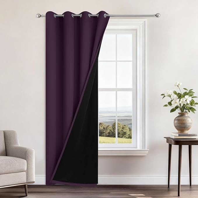 Yakamok Purple 100% Blackout Curtains 96 Inches Long for Bedroom, 1 Panel | Blackout Curtain Panels for Bedroom, 2 Thick Layers Grommet Top Thermal Insulated Drapes with Black Liner for Living Room