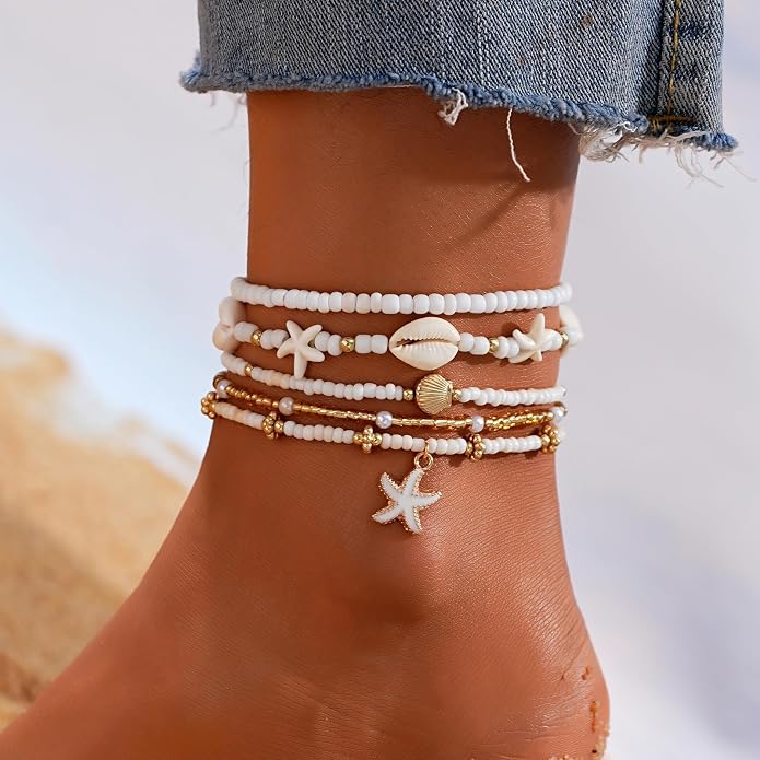 Boho Shell Ankle Bracelet Set for Women, 5 Pairs 14K Boho Bead Handmade Adjustable Anklet, Hawaiian Beach Seashell Starfish Foot Jewelry Gifts