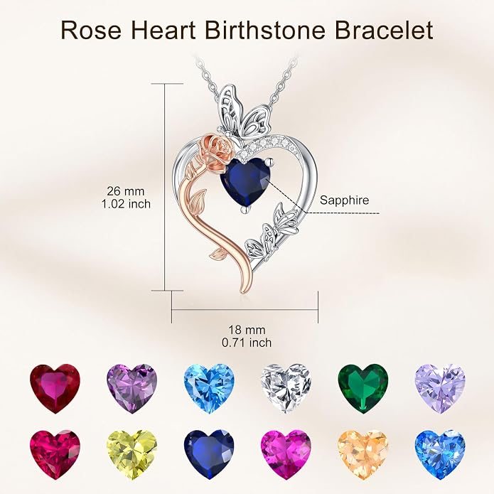TOUPOP Rose Heart Birthstone Necklace 925 Sterling Silver Heart Butterfly Pendant Love Jewelry Birthday Gifts for Women Wife Mom Her