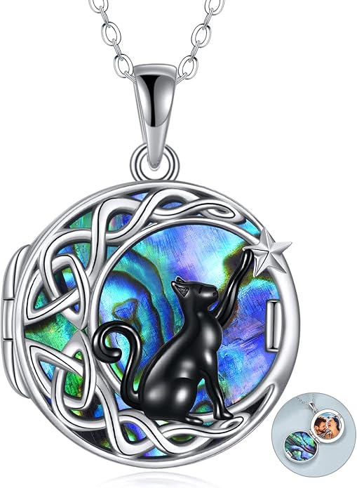 Celtic Moon Black Cat Necklace for Women - Abalone Tree of Life Sterling Silver Cat Lovers Jewelry