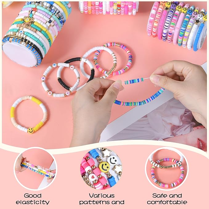 100 Pcs Friendship Bracelets for Women Bead Colorful Surfer Heishi Bracelet Set , Cute Clay Beaded Bulk Bracelets Stretch bracelets Clay for Women Stackable Bohemian Summer Beach Party, Graduation Party Favors, Birthday Gifts