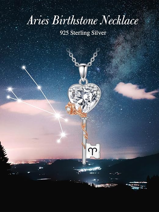 OCJ Zodiac Necklace for Women 925 Sterling Silver Rose Flower Key Pendant Necklaces Zodiac Birthstone Jewelry Wife Birthday Anniversary Christmas Gifts for Her