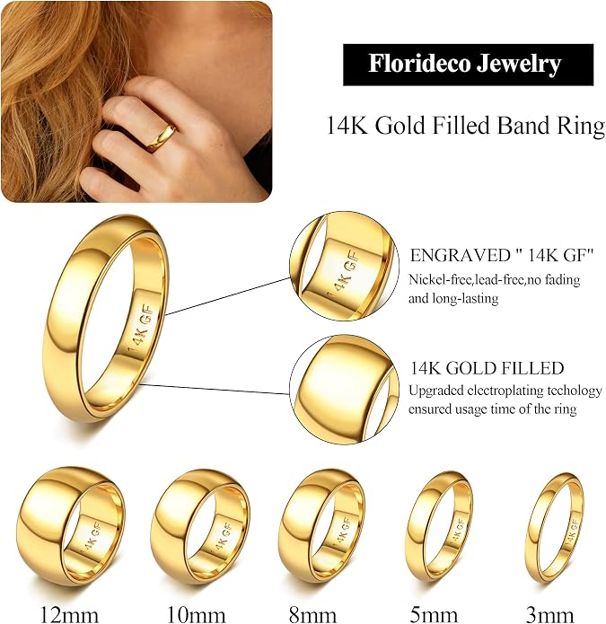 Florideco 14K Gold Filled Ring for Women Men Thick Thin Pinky Thumb Ring Wedding Band Ring Non Tarnish Plain Domed Comfort Fit Size 6 to 10