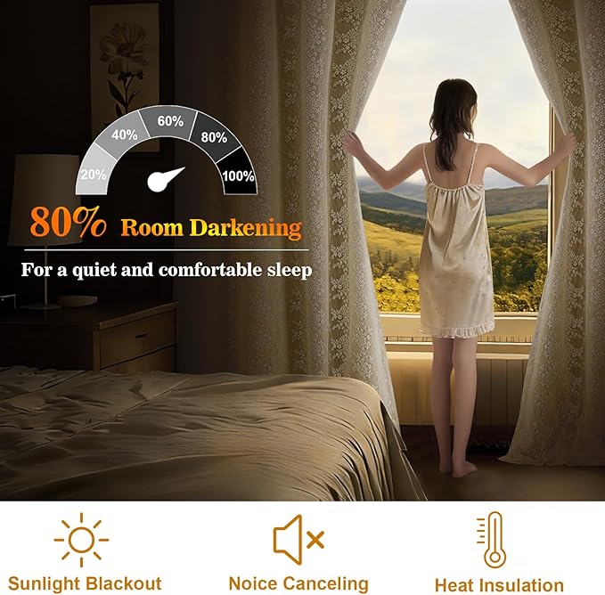 Yinhua Blackout Curtains for Bedroom Double Layer Beige Curtains for Living Room 63 Inch Length 2 Panels Set Kid Curtain with Floral Sheer Overlay, Grommet Drapes with Tiebacks, 52" W x 63" L